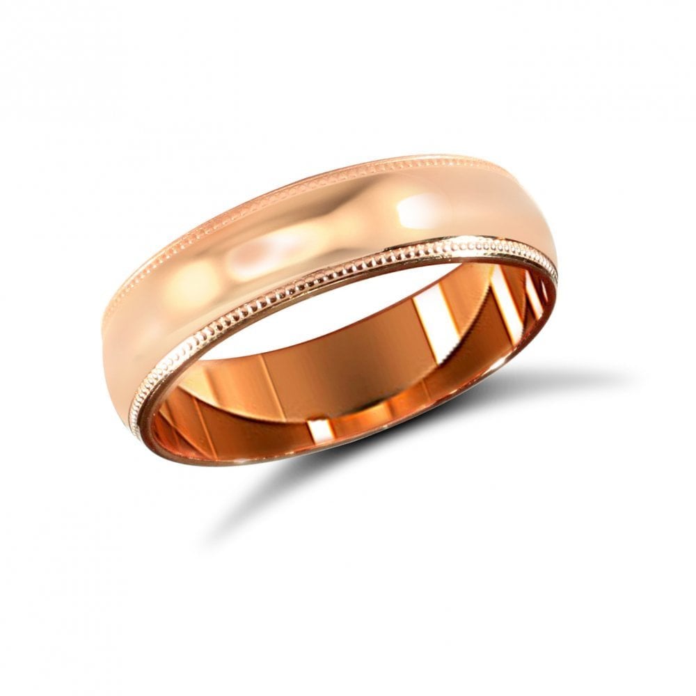18ct Rose Gold 5mm Classic D-Shape Profile Mill Grain Wedding Ring