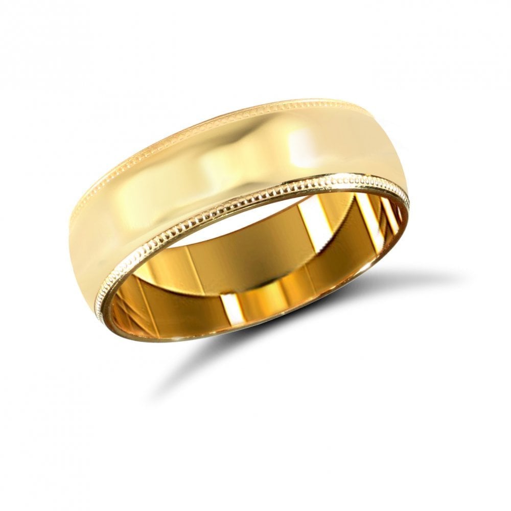 18ct Yellow Gold 6mm Classic D-Shape Profile Mill Grain Wedding Ring