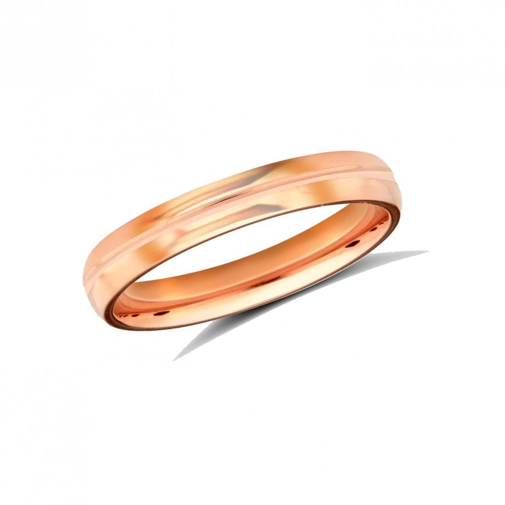 9ct Rose Gold 3mm Classic D-Shape Profile Centre Groove Wedding Ring