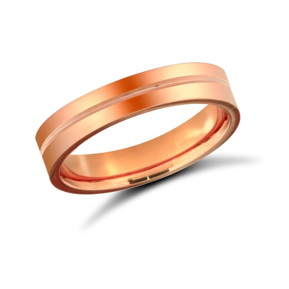18ct Rose Gold 4mm Classic Flat Court Profile Centre Groove Wedding Ring