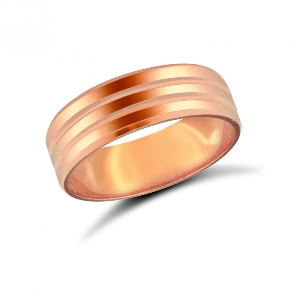 18ct Rose Gold 6mm Classic Flat Court Profile Double Groove Wedding Ring
