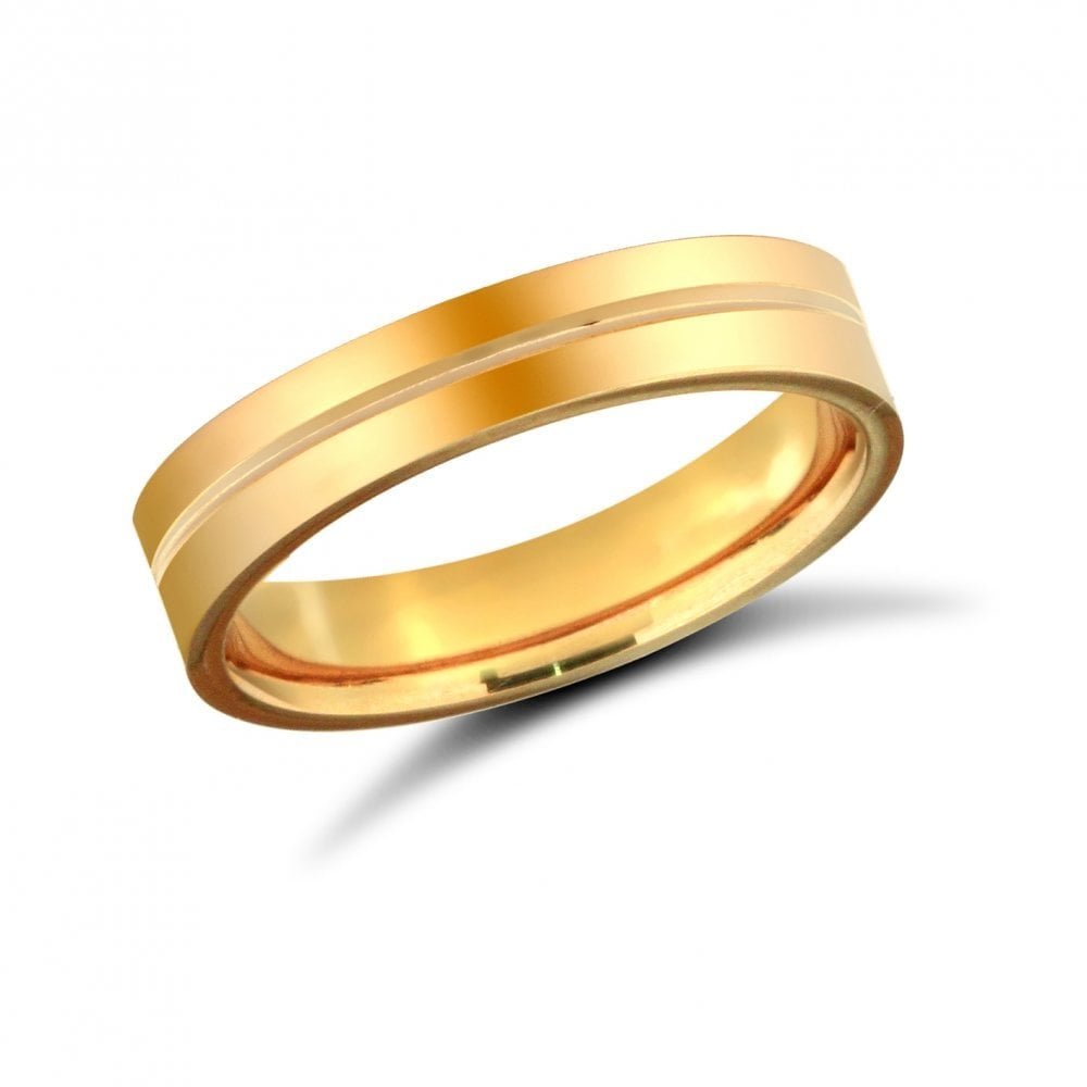 18ct Yellow Gold 4mm Classic Flat Court Profile Centre Groove Wedding Ring