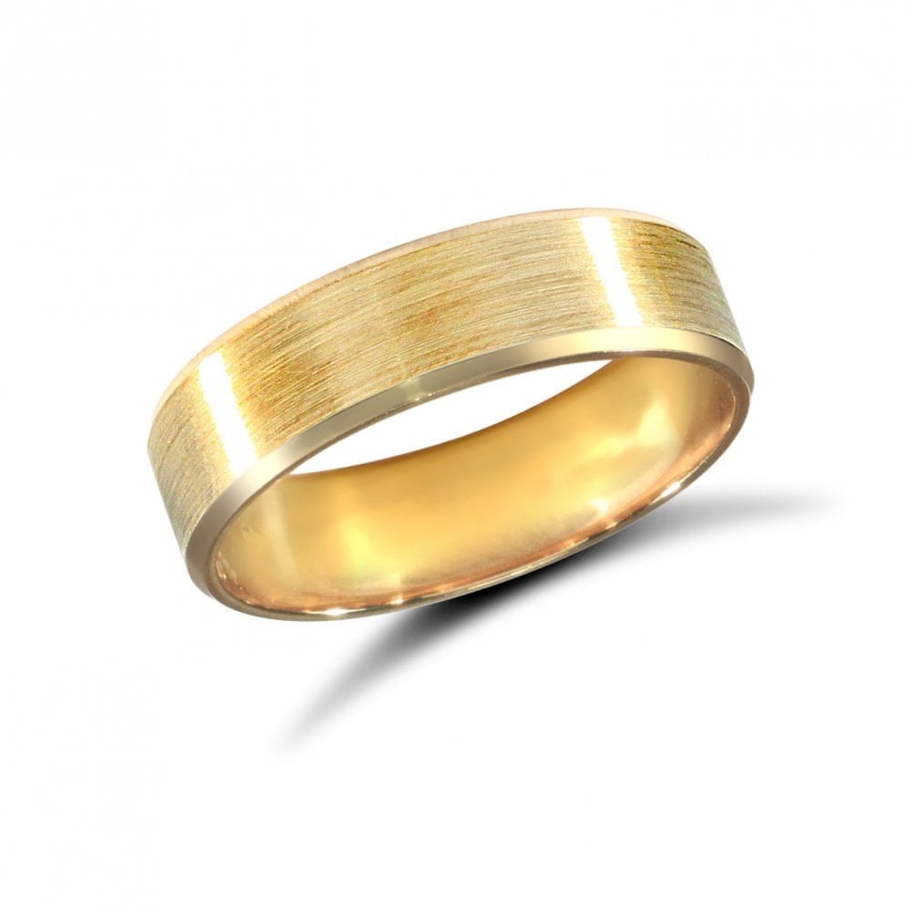 18ct Yellow Gold 5mm Classic Flat Court Profile Satin and Bevelled Edge Wedding Ring