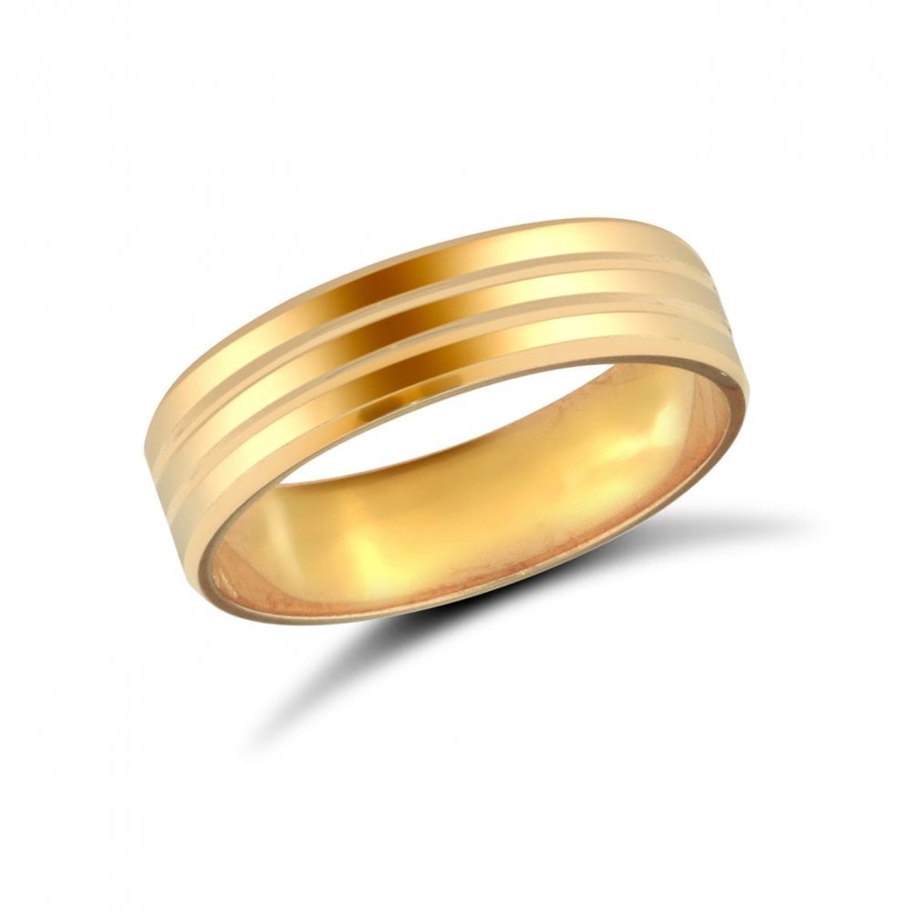 18ct Yellow Gold 5mm Classic Flat Court Profile Double Groove Wedding Ring