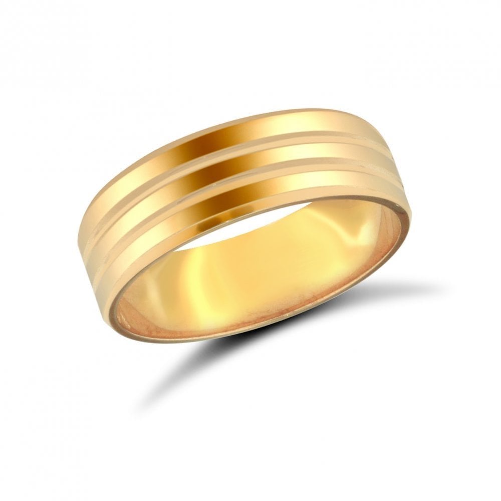 18ct Yellow Gold 6mm Classic Flat Court Profile Double Groove Wedding Ring