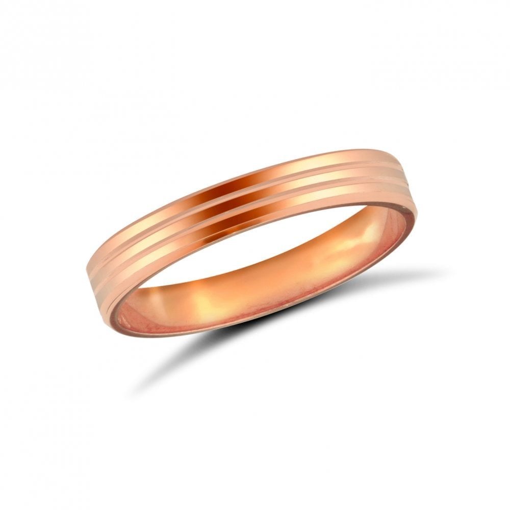 9ct Rose Gold 3mm Classic Flat Court Profile Double Groove Wedding Ring