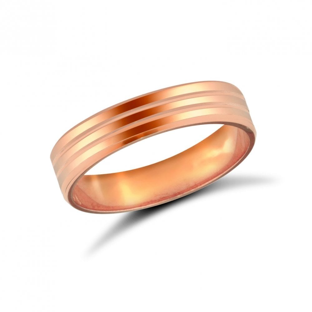 9ct Rose Gold 4mm Classic Flat Court Profile Double Groove Wedding Ring