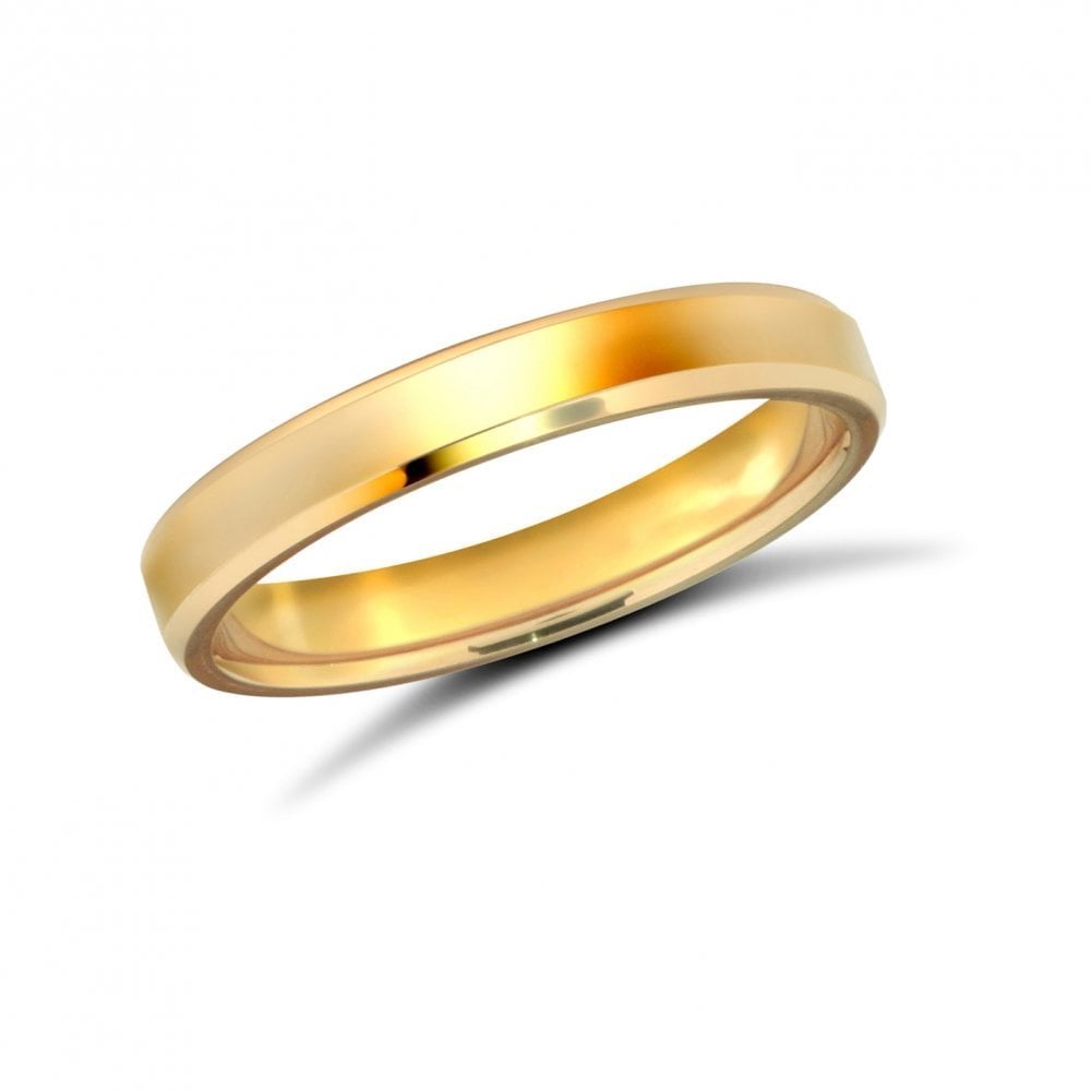 9ct Yellow Gold 3mm Classic Flat Court Profile Bevelled Edge Wedding Ring