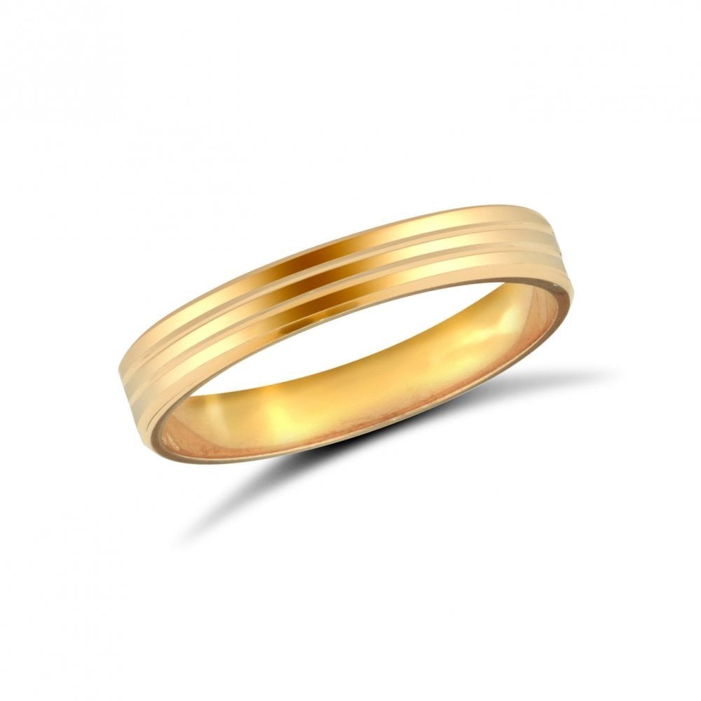 9ct Yellow Gold 3mm Classic Flat Court Profile Double Groove Wedding Ring