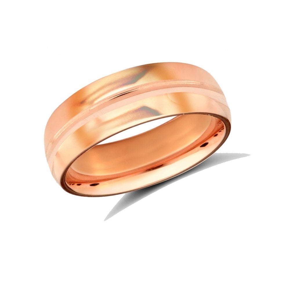 18ct Rose Gold 6mm Premium Weight D-Shape Profile Centre Groove Wedding Ring