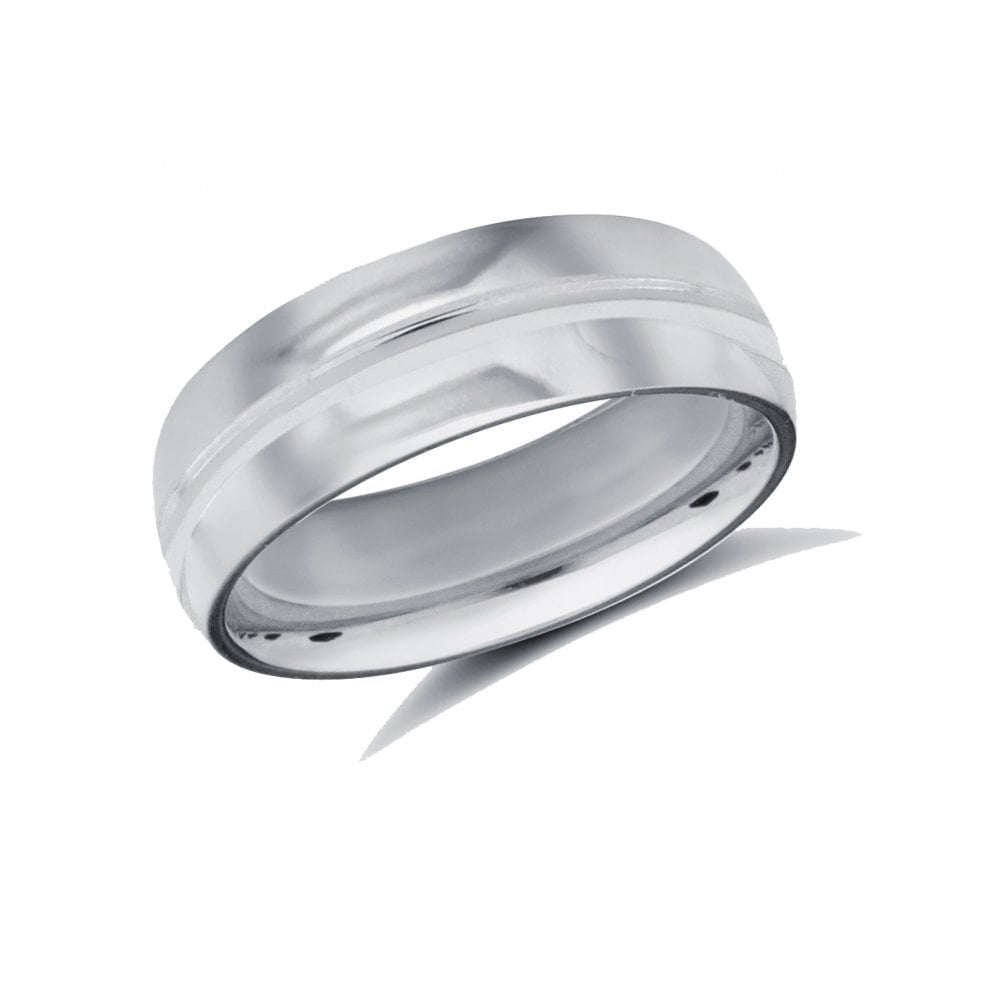 18ct White Gold 6mm Premium Weight D-Shape Profile Centre Groove Wedding Ring