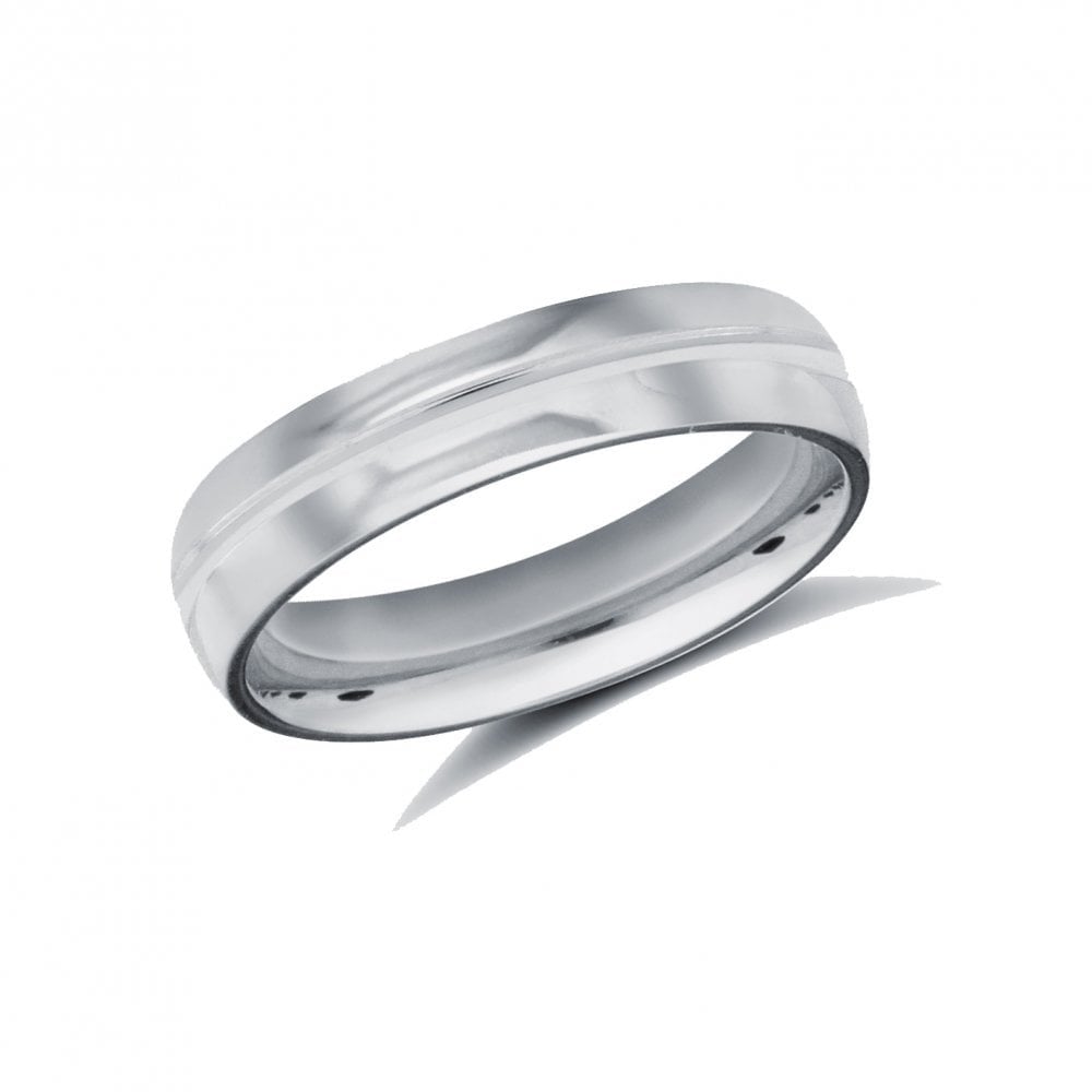 9ct White Gold 4mm Premium Weight D-Shape Profile Centre Groove Wedding Ring