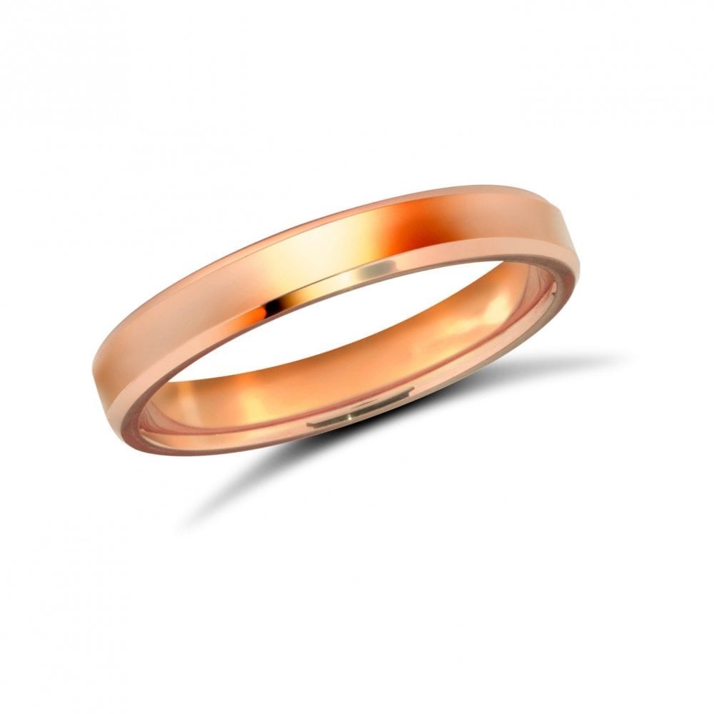 18ct Rose Gold 3mm Premium Weight Flat Court Profile Bevelled Edge Wedding Ring