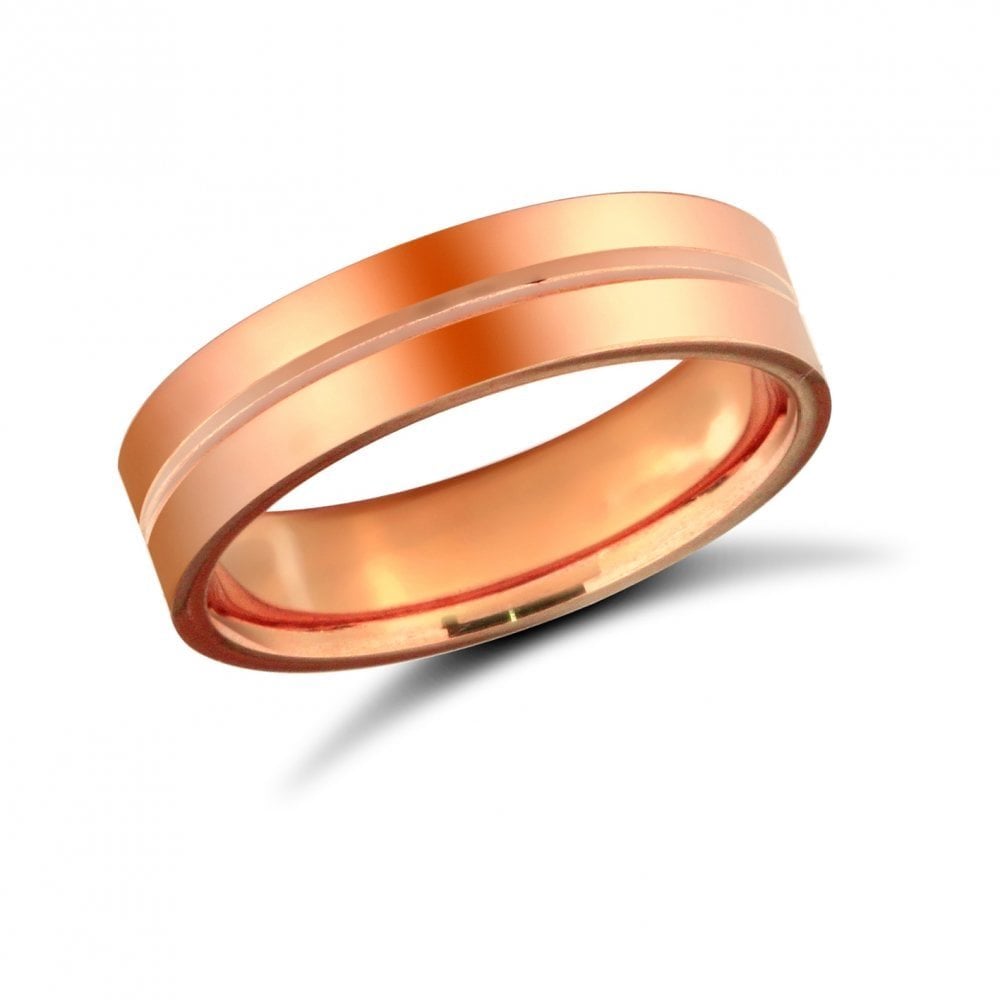 18ct Rose Gold 5mm Premium Weight Flat Court Profile Centre Groove Wedding Ring