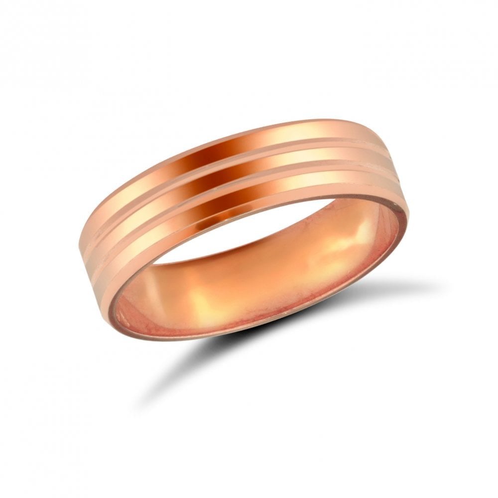 18ct Rose Gold 5mm Premium Weight Flat Court Profile Double Groove Wedding Ring