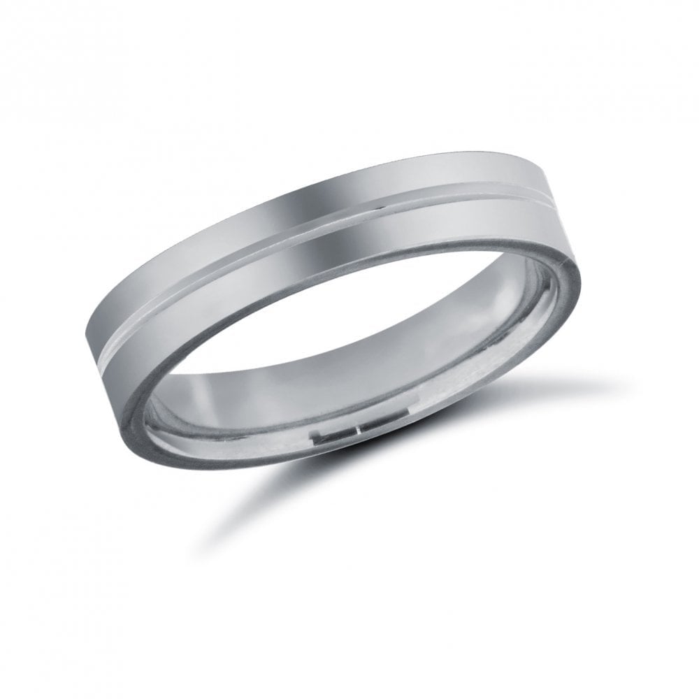 18ct White Gold 4mm Premium Weight Flat Court Profile Centre Groove Wedding Ring