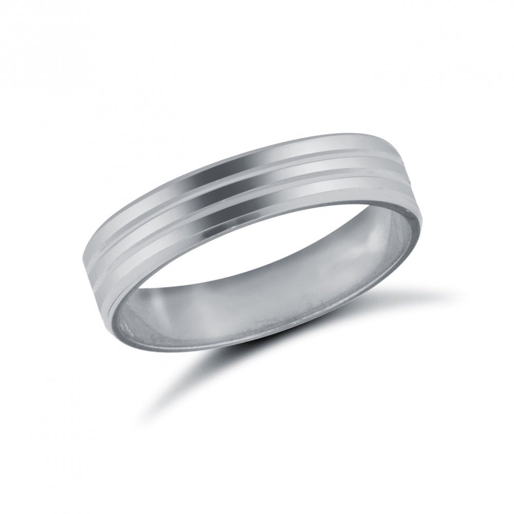 18ct White Gold 4mm Premium Weight Flat Court Profile Double Groove Wedding Ring