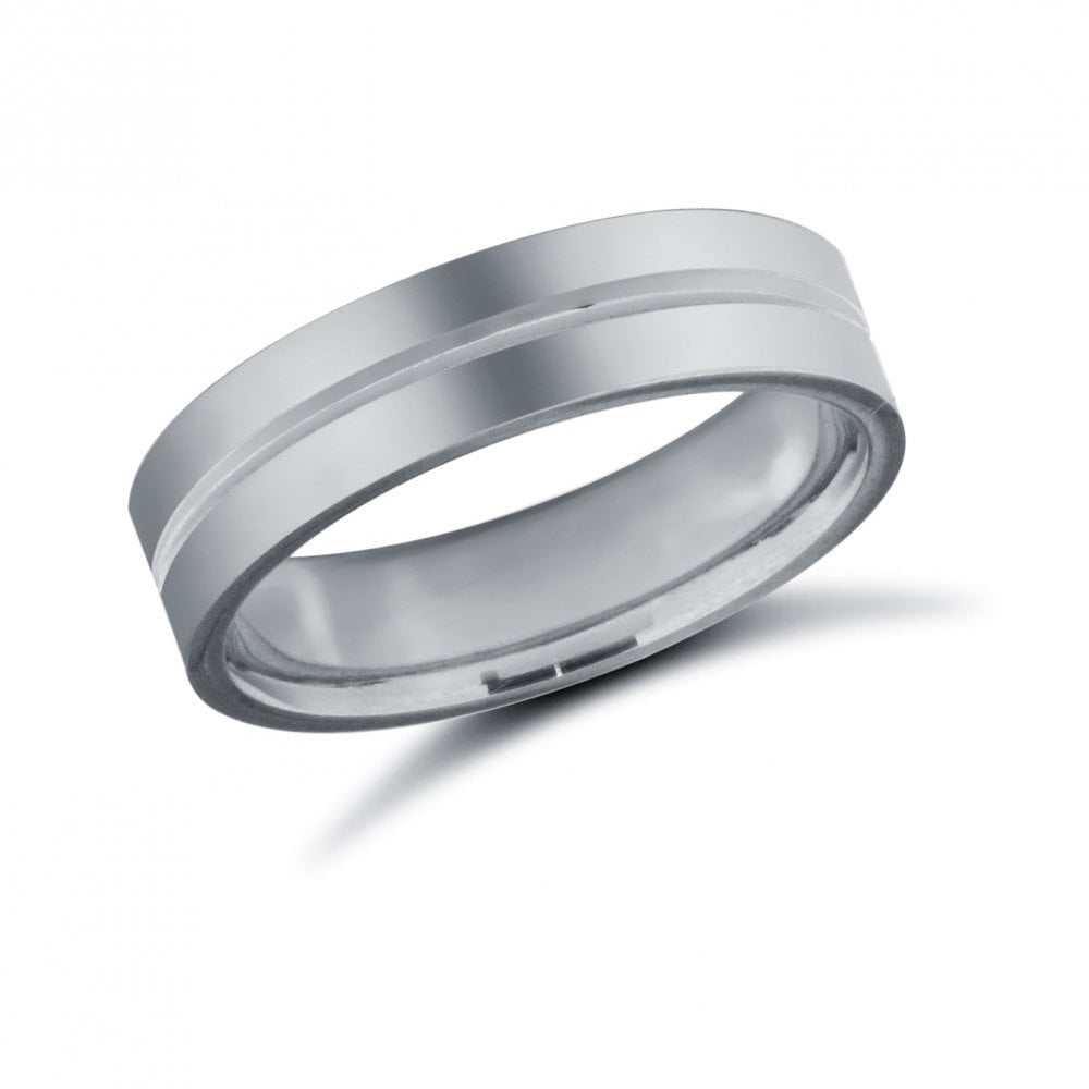 18ct White Gold 5mm Premium Weight Flat Court Profile Centre Groove Wedding Ring