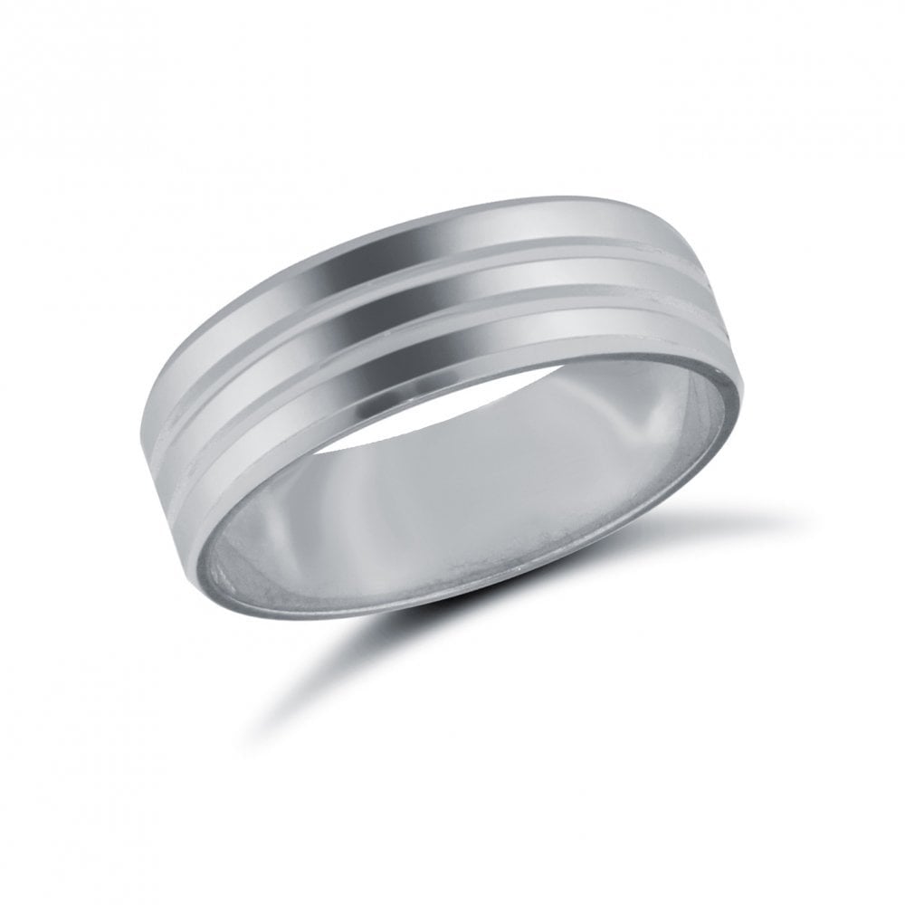 18ct White Gold 6mm Premium Weight Flat Court Profile Double Groove Wedding Ring