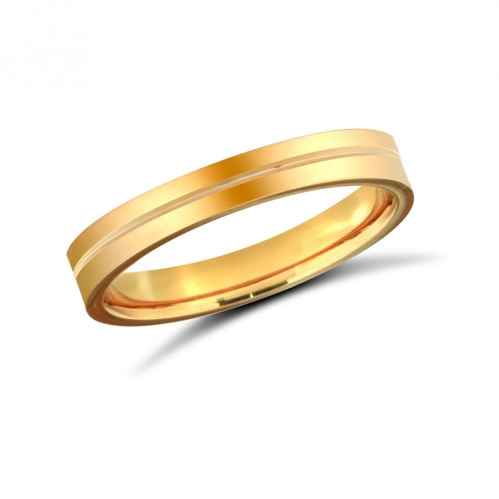 18ct Yellow Gold 3mm Premium Weight Flat Court Profile Centre Groove Wedding Ring