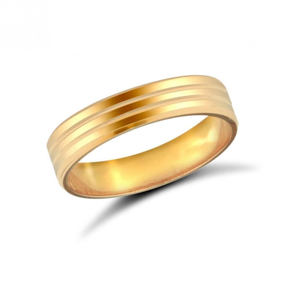 18ct Yellow Gold 4mm Premium Weight Flat Court Profile Double Groove Wedding Ring
