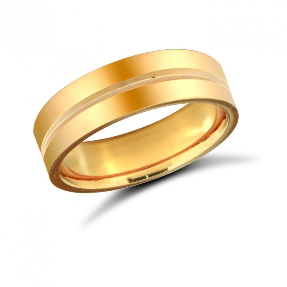 18ct Yellow Gold 6mm Premium Weight Flat Court Profile Centre Groove Wedding Ring