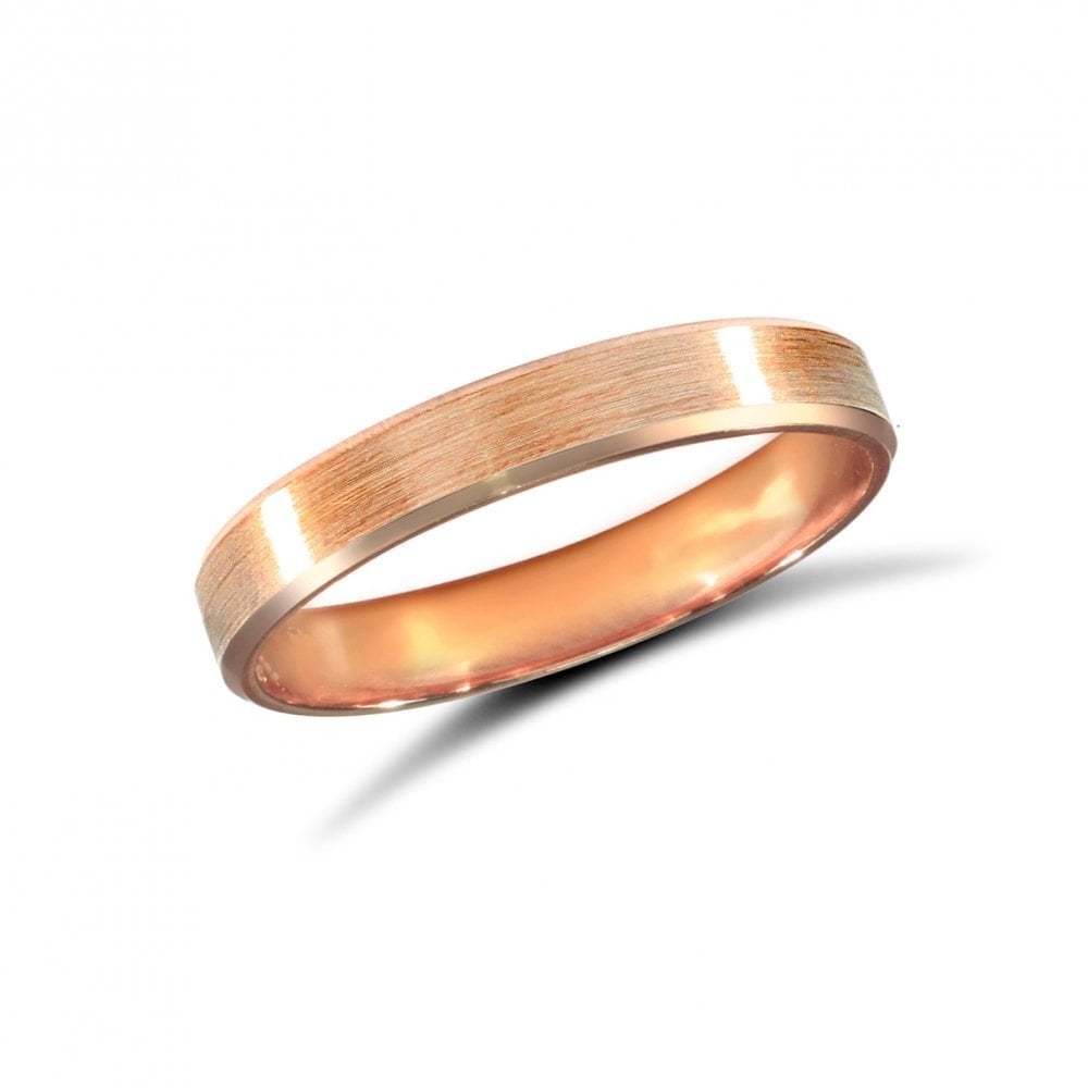 9ct Rose Gold 3mm Premium Weight Flat Court Profile Satin and Bevelled Edge Wedding Ring