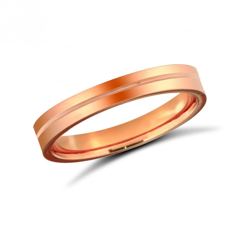 9ct Rose Gold 3mm Premium Weight Flat Court Profile Centre Groove Wedding Ring