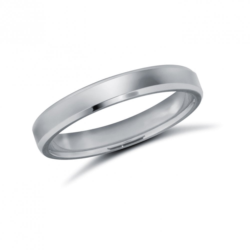 9ct White Gold 3mm Premium Weight Flat Court Profile Bevelled Edge Wedding Ring