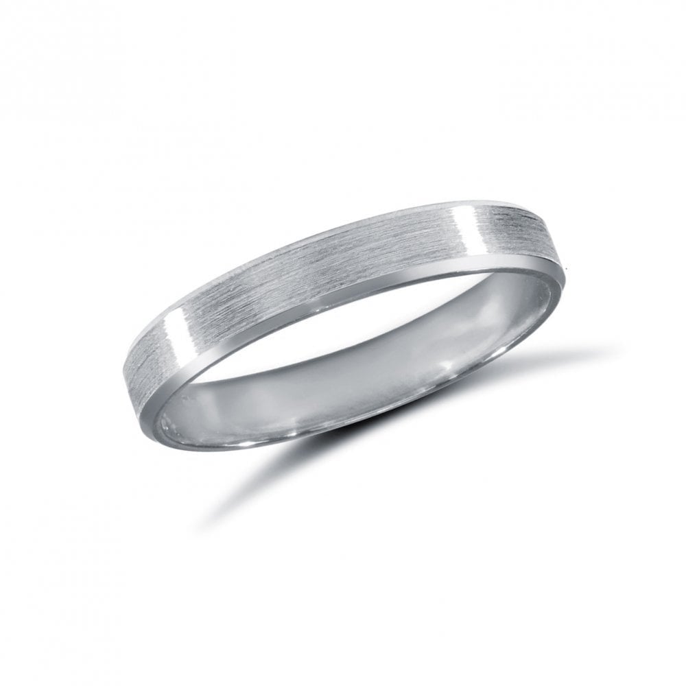 9ct White Gold 3mm Premium Weight Flat Court Profile Satin and Bevelled Edge Wedding Ring