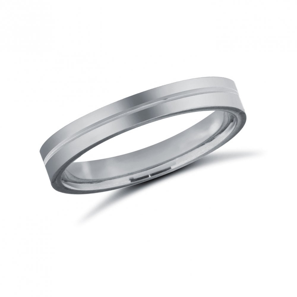 9ct White Gold 3mm Premium Weight Flat Court Profile Centre Groove Wedding Ring