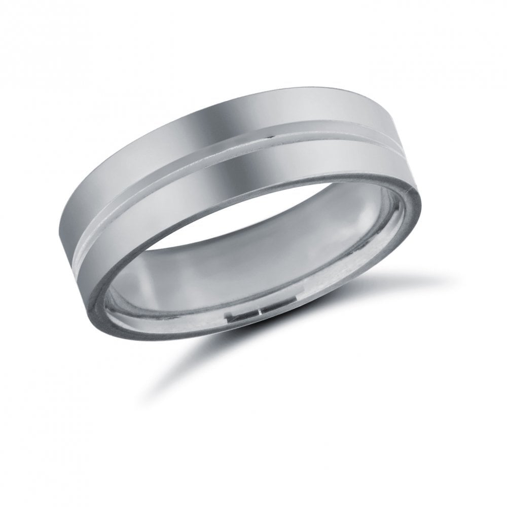 9ct White Gold 6mm Premium Weight Flat Court Profile Centre Groove Wedding Ring