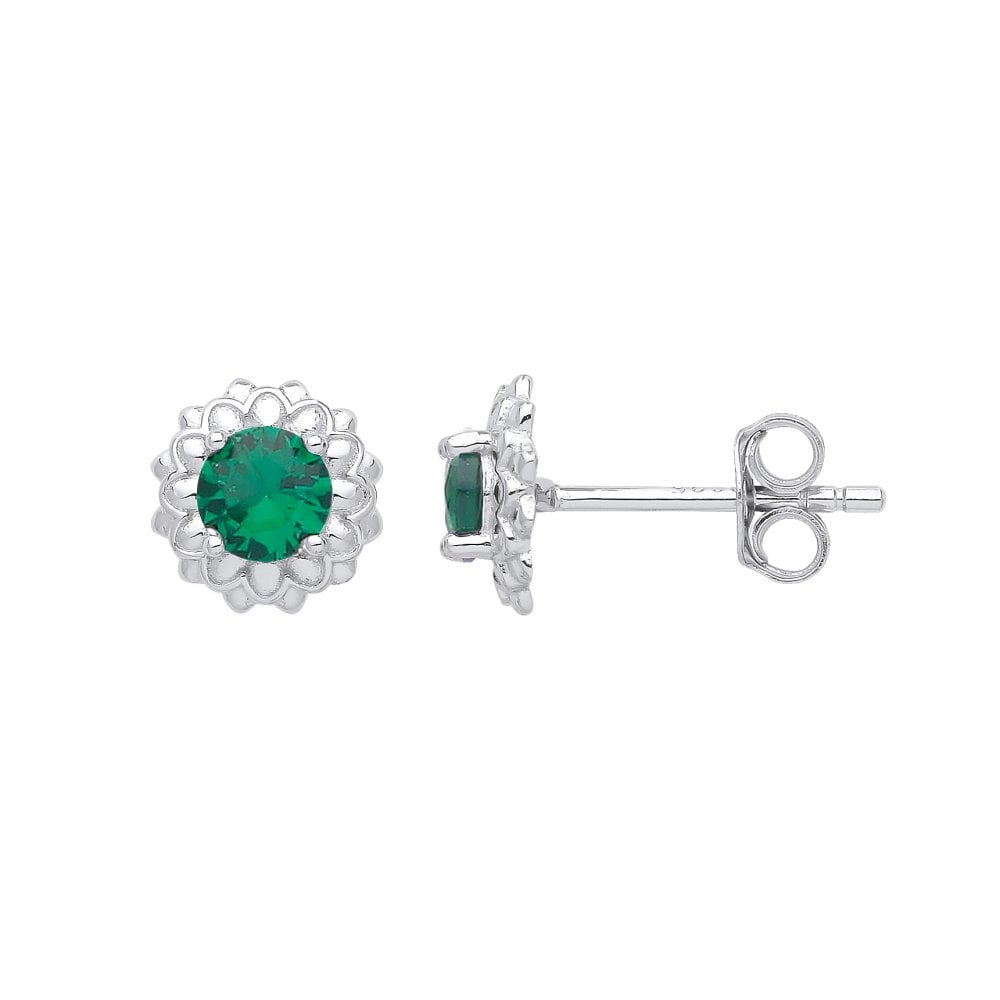 Silver CZ & Emerald Stud Earrings