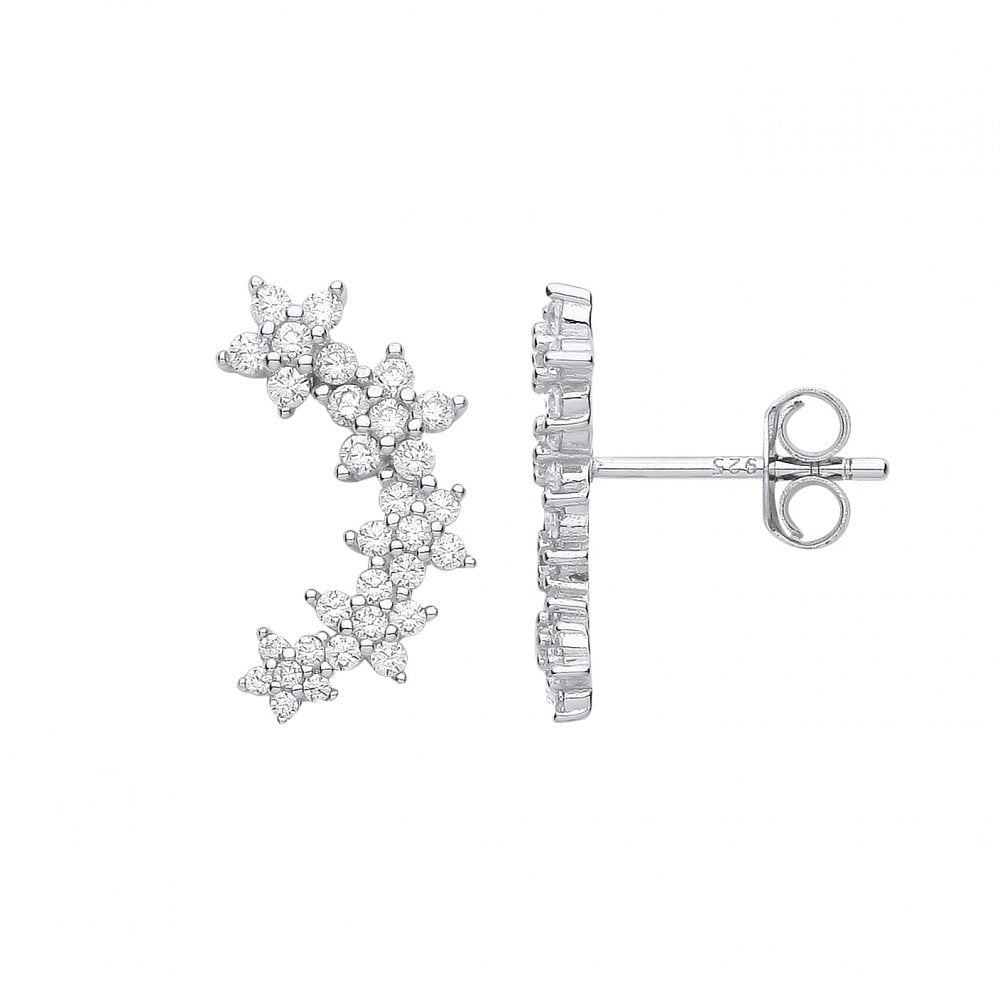 Silver CZ Flower Cuff Stud Earrings