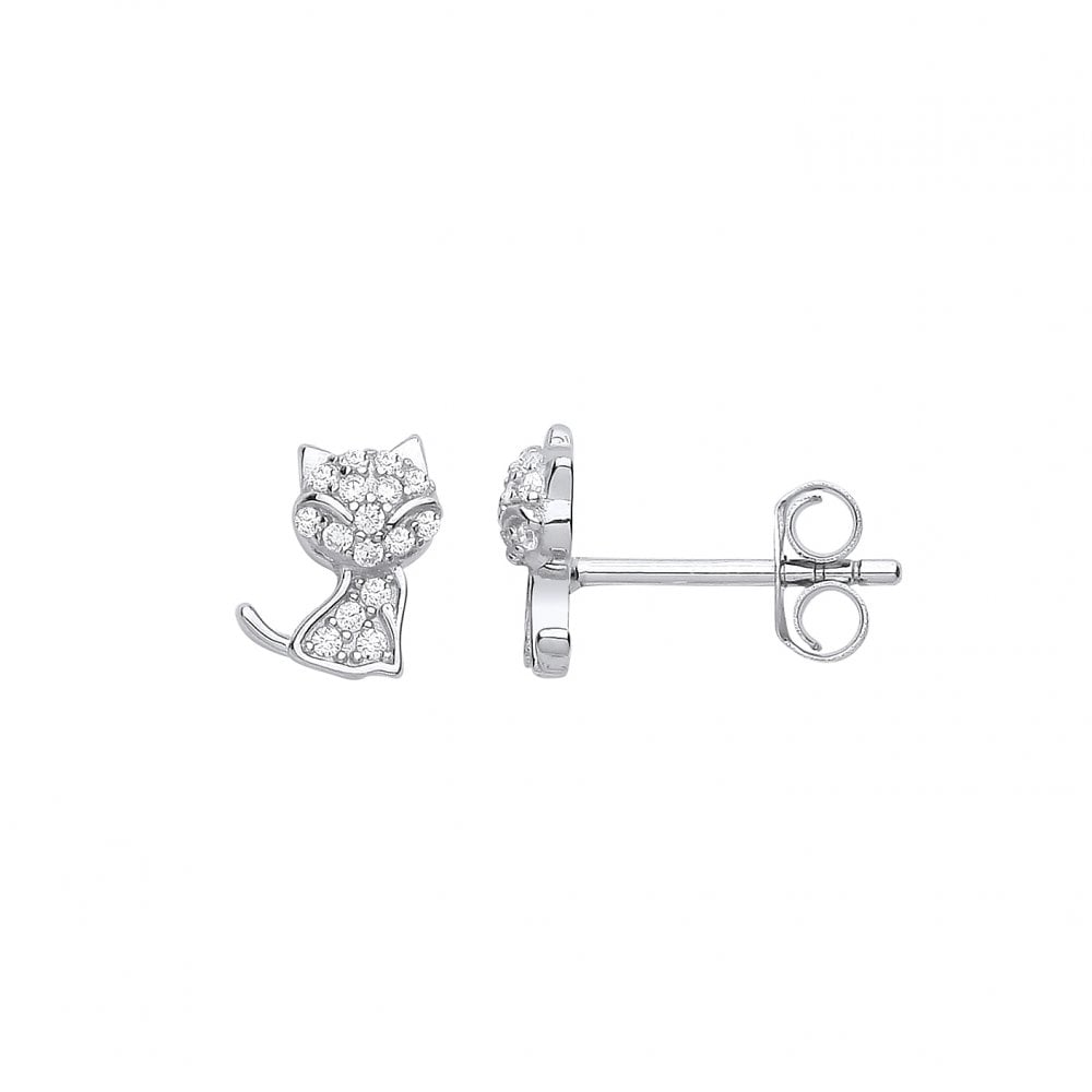Silver CZ Cat Stud Earrings