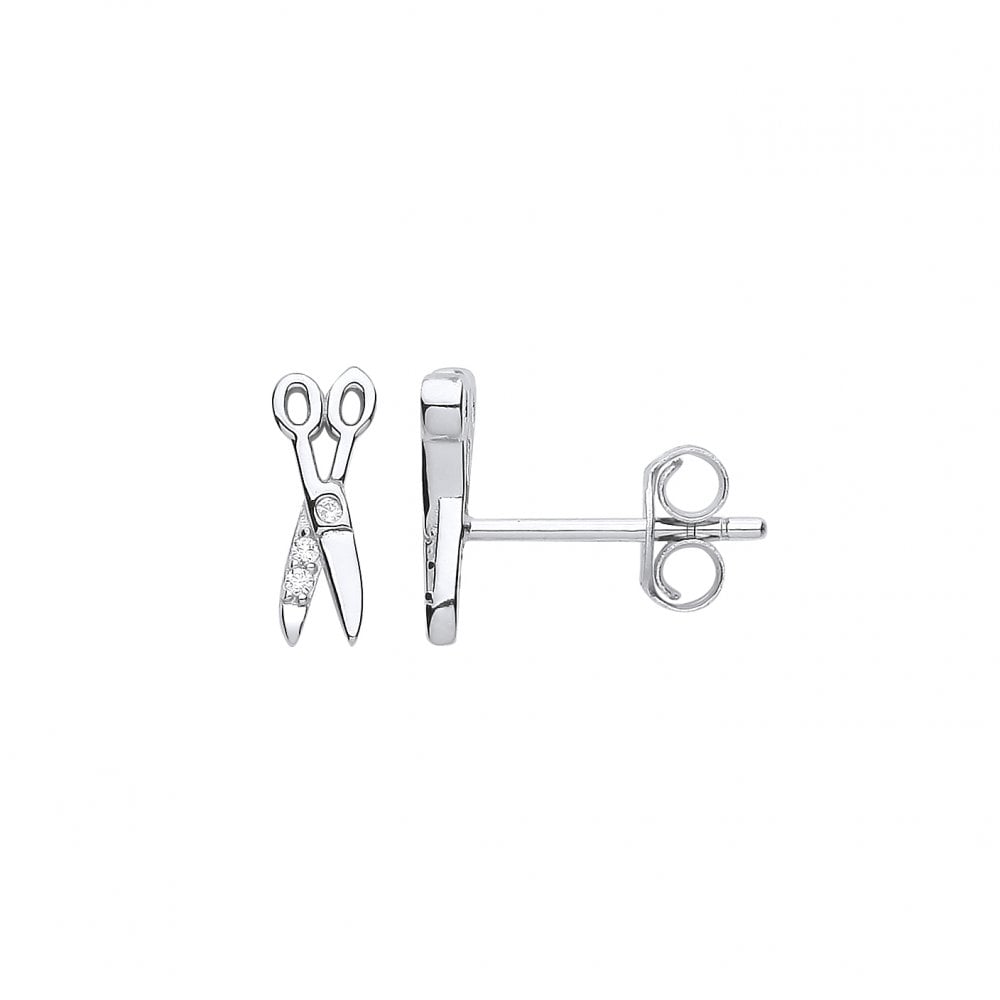 Silver CZ Scissors Stud Earrings