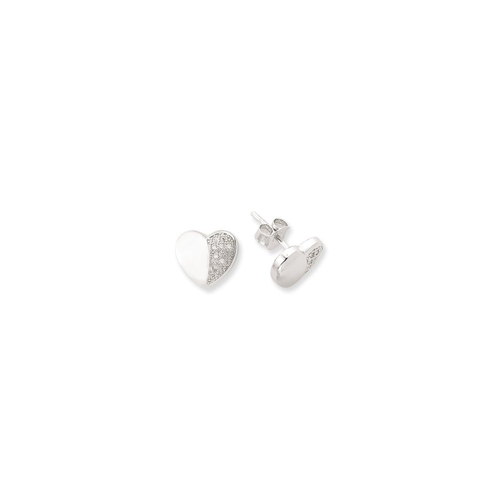 Silver CZ & Polished Heart Stud Earrings