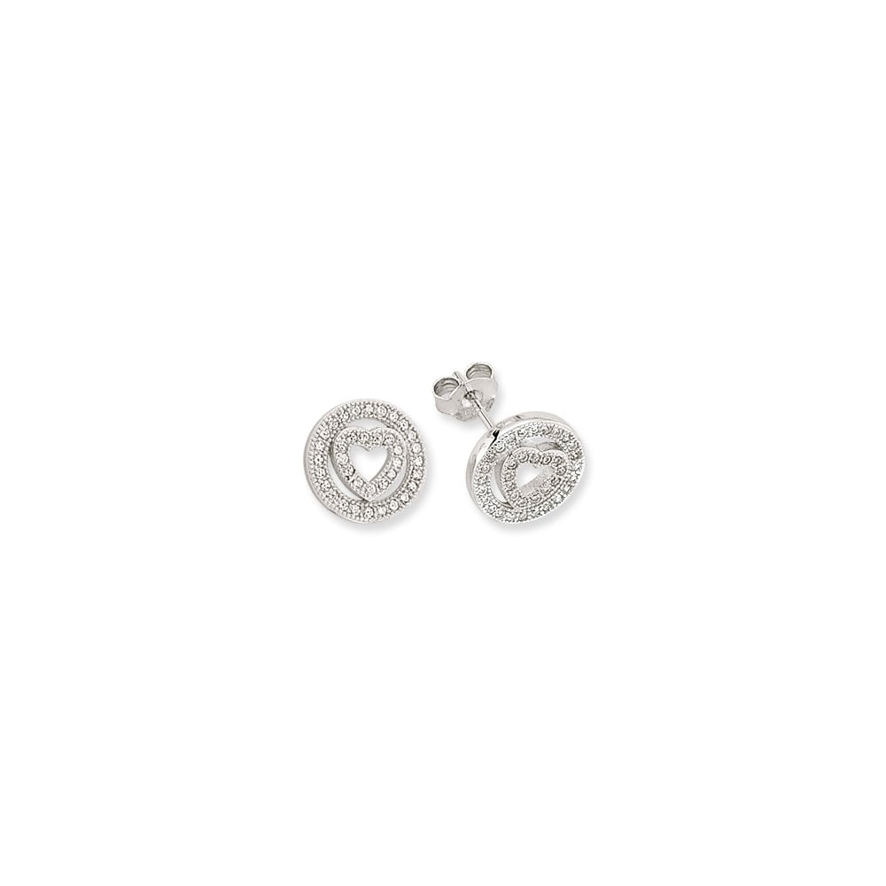 Silver CZ Fancy Heart Circle Stud Earrings