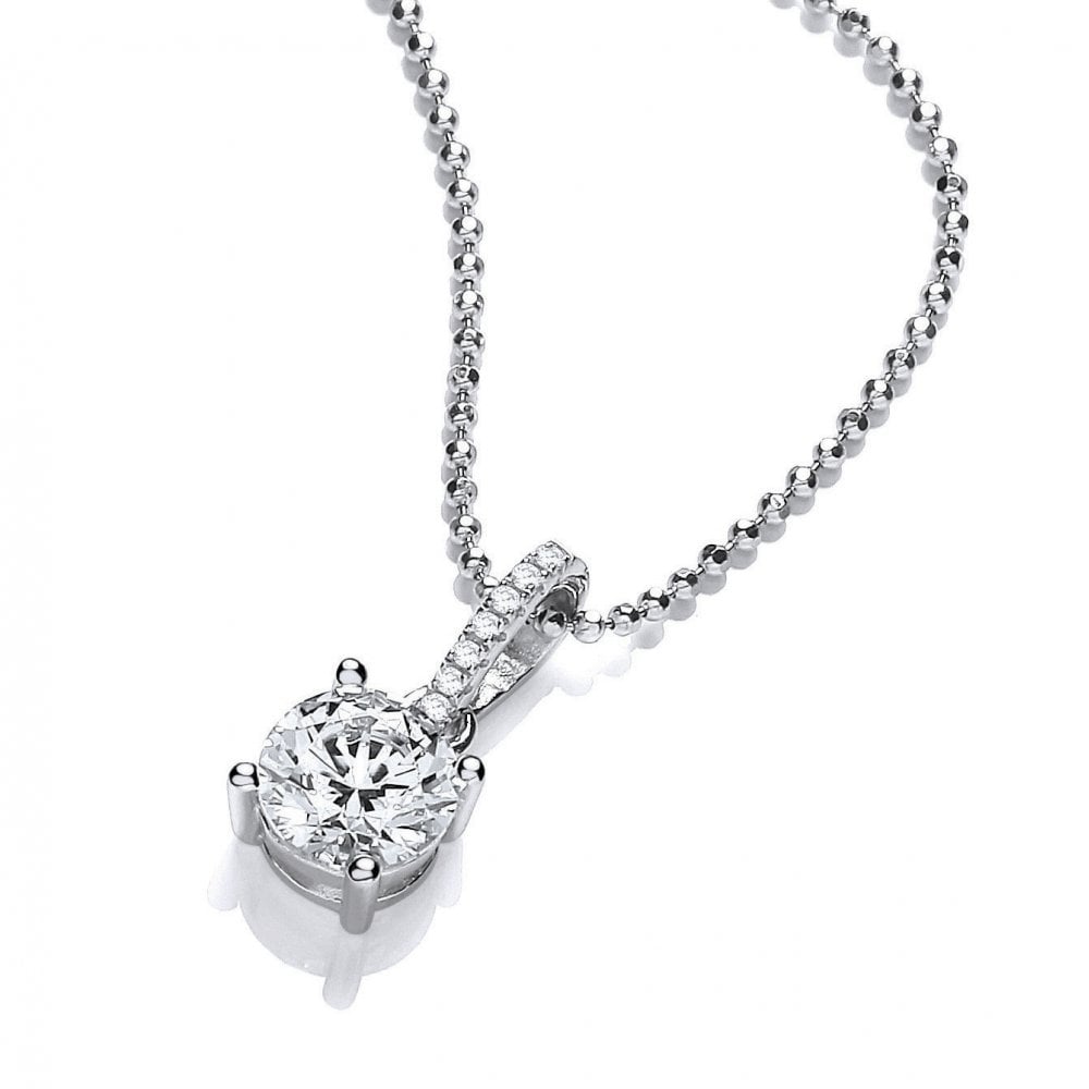 Silver Cubic Zirconia Round 1ct Stone Pendant With Chain