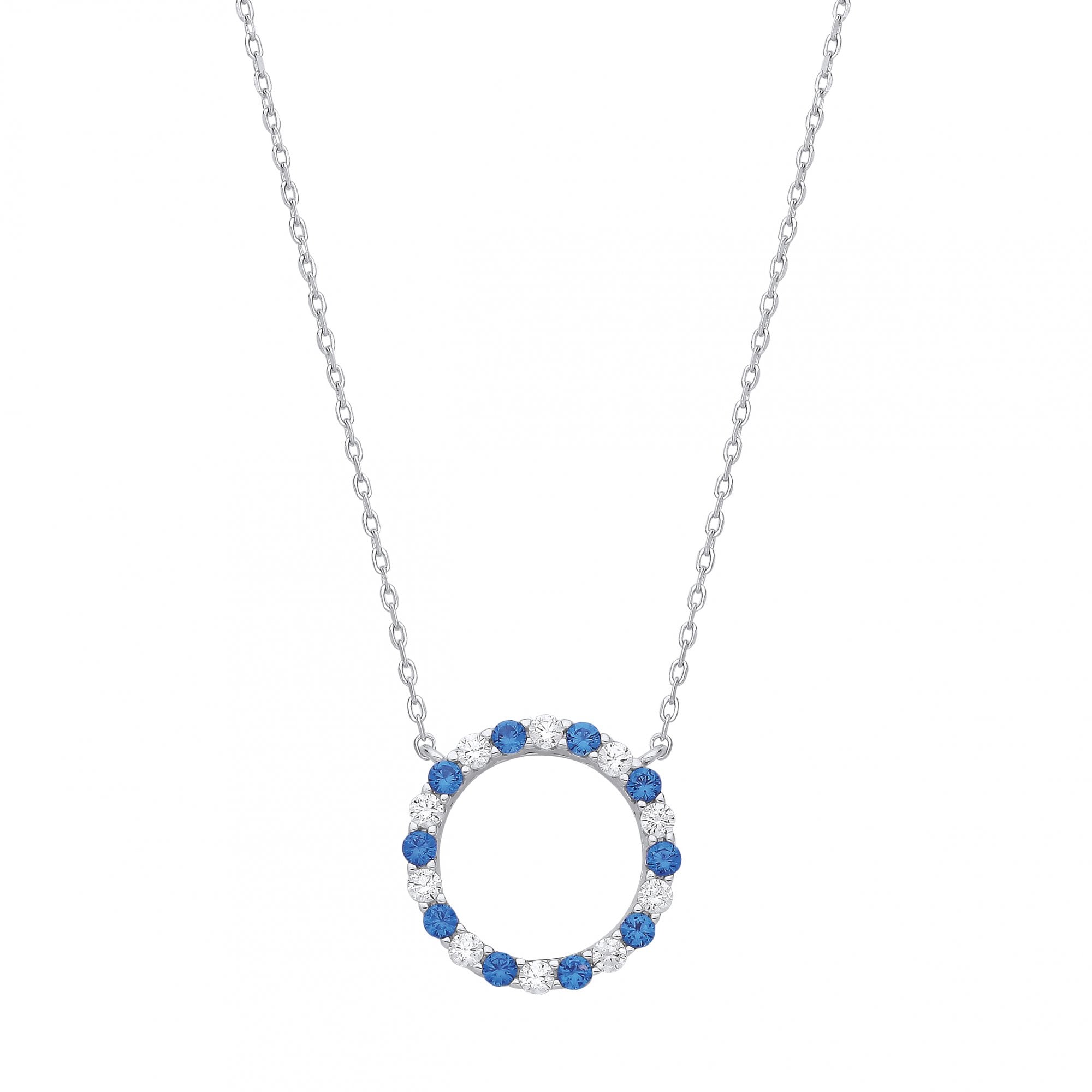 Silver CZ & Sapphire Circle Pendant Necklace