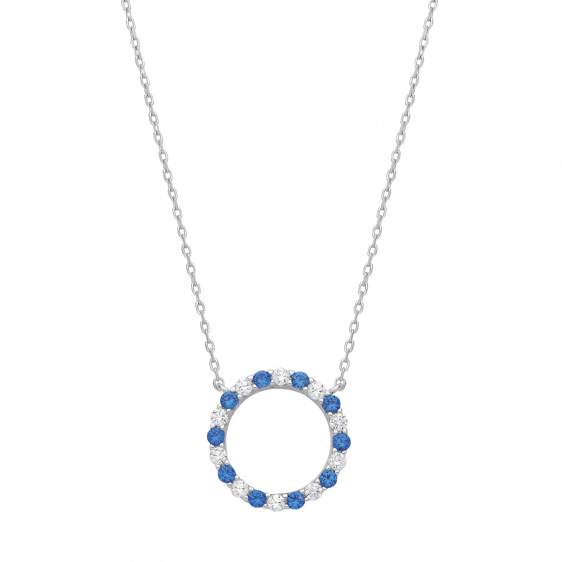 Silver CZ & Sapphire Circle Pendant Necklace