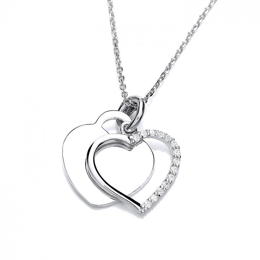 Silver Cubic Zirconia Double Heart Pendant & Chain