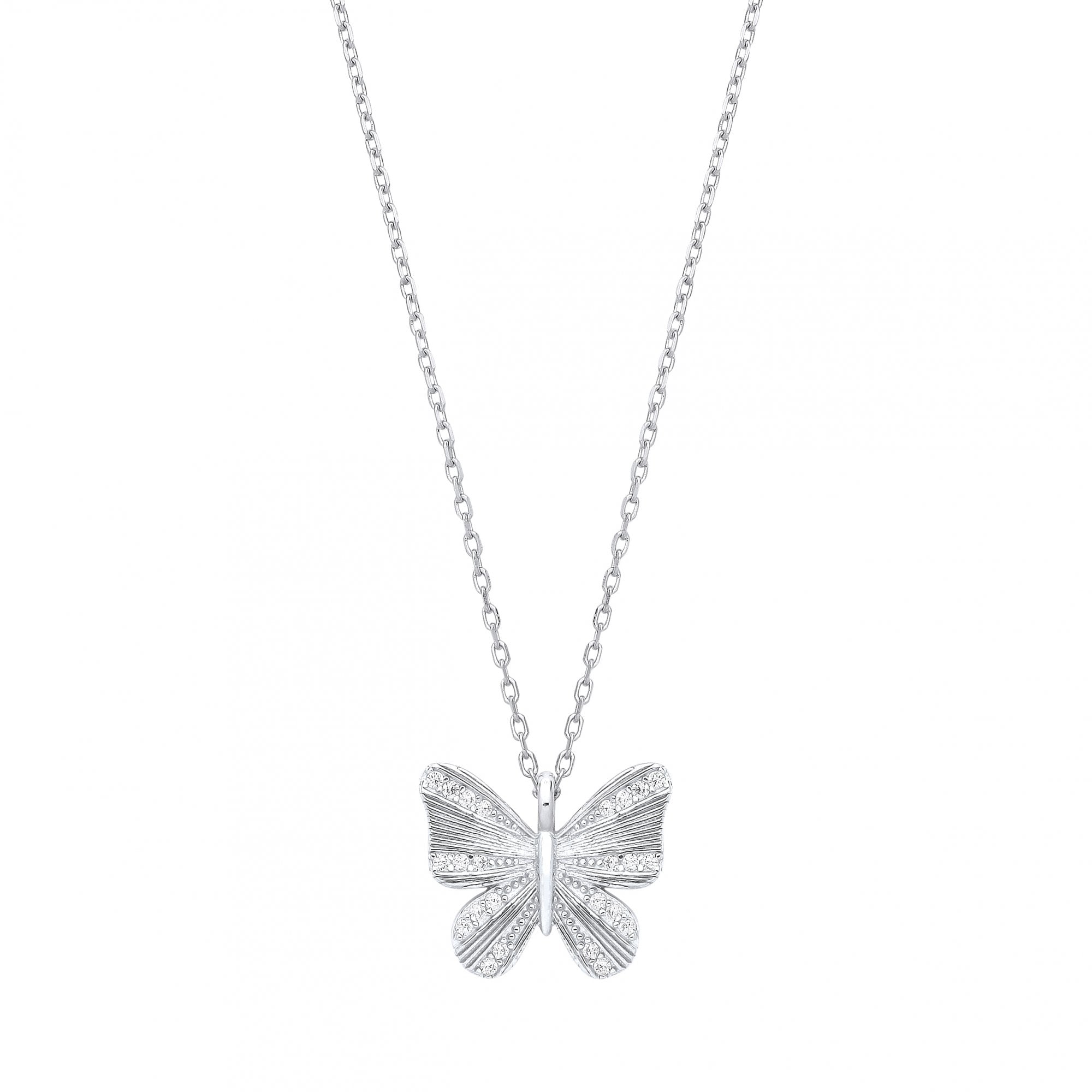 Silver CZ Butterfly Pendant Necklace