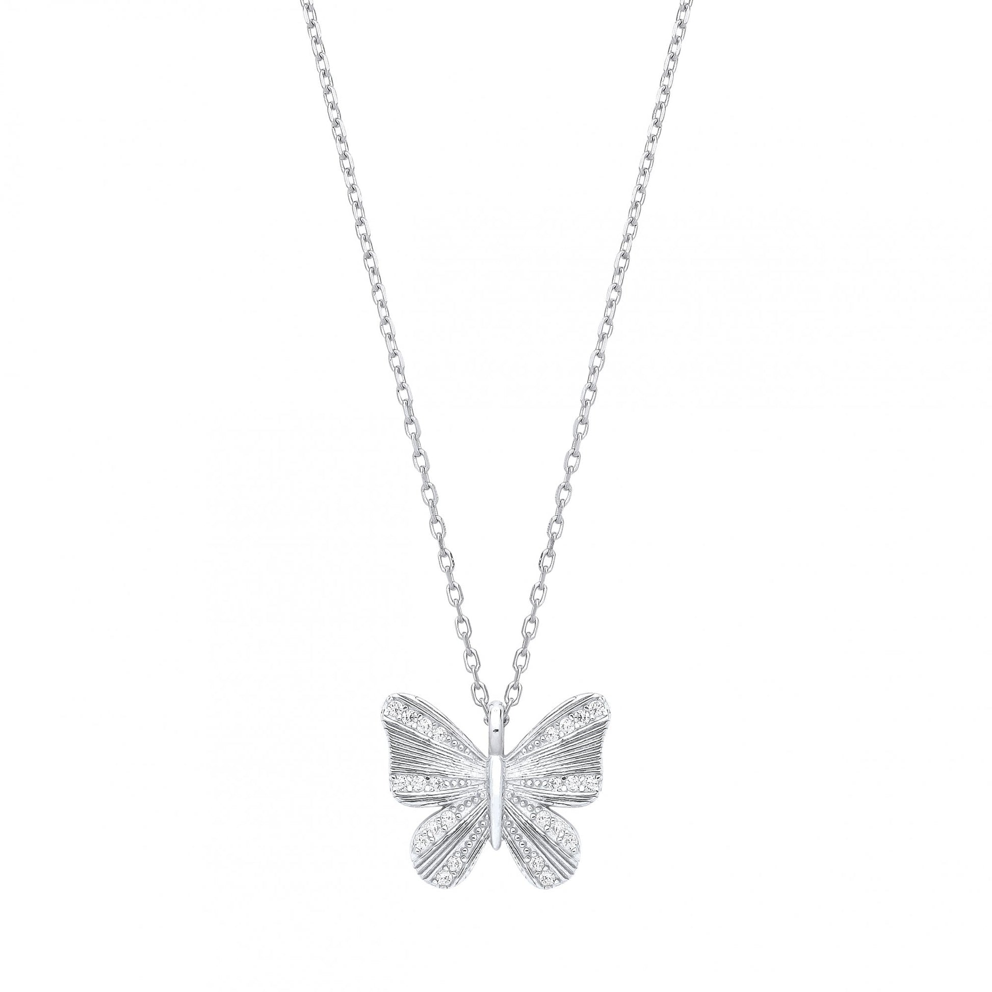 Silver CZ Butterfly Pendant Necklace