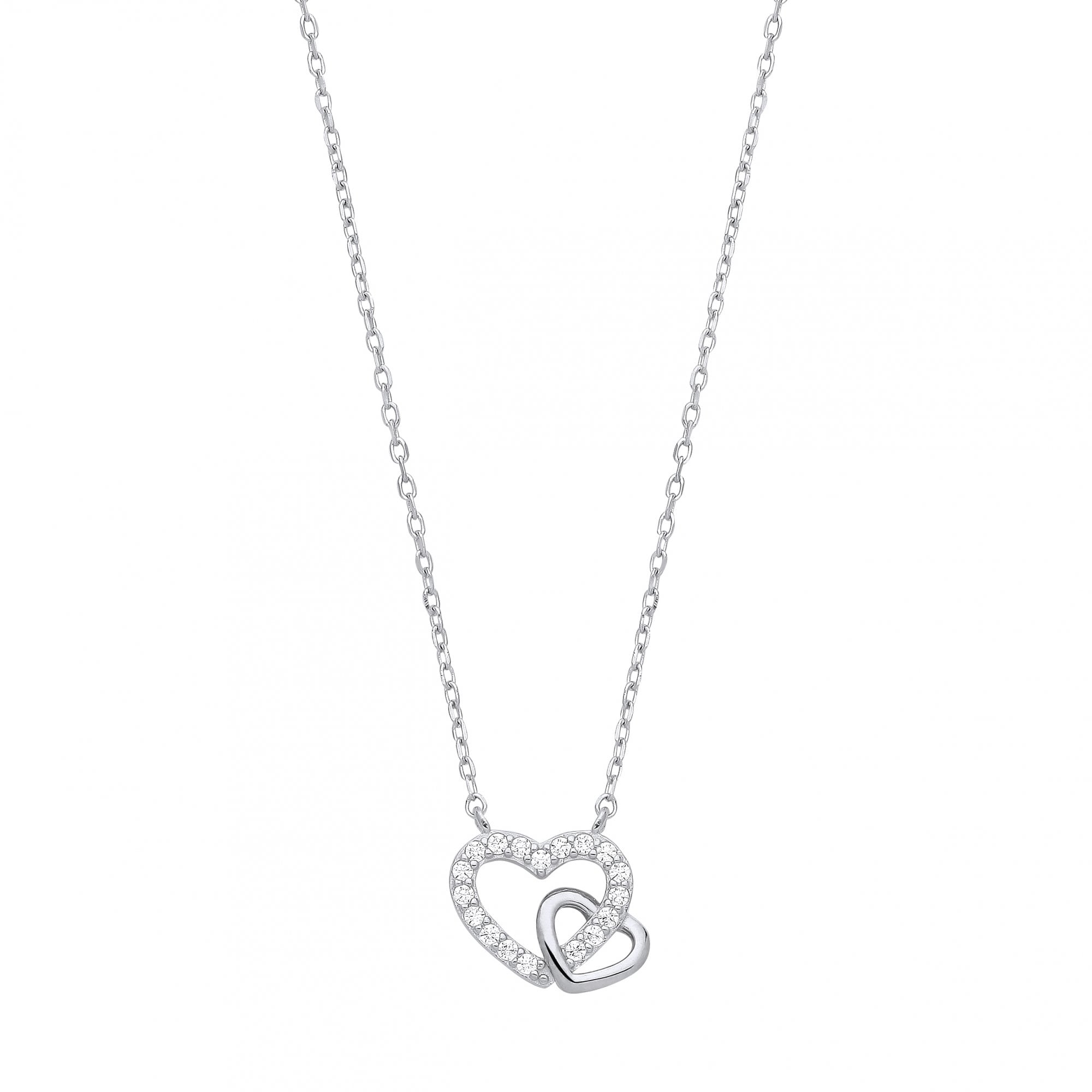 Silver CZ Double Heart Pendant Necklace