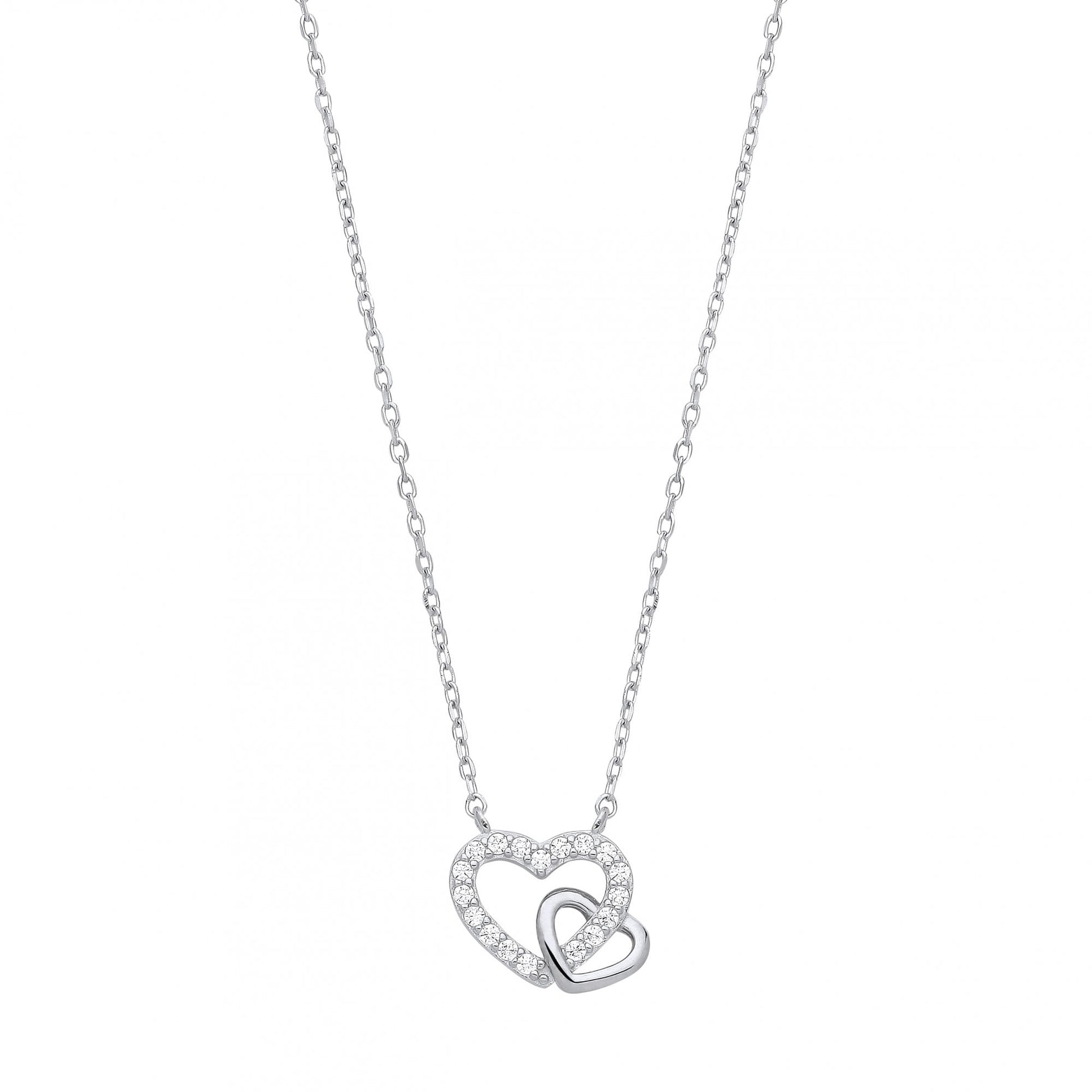 Silver CZ Double Heart Pendant Necklace