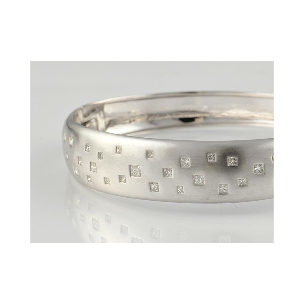 Bespoke Silver Diamond Set Brushed Finish Hinged Scatter Bangle 1.13ct