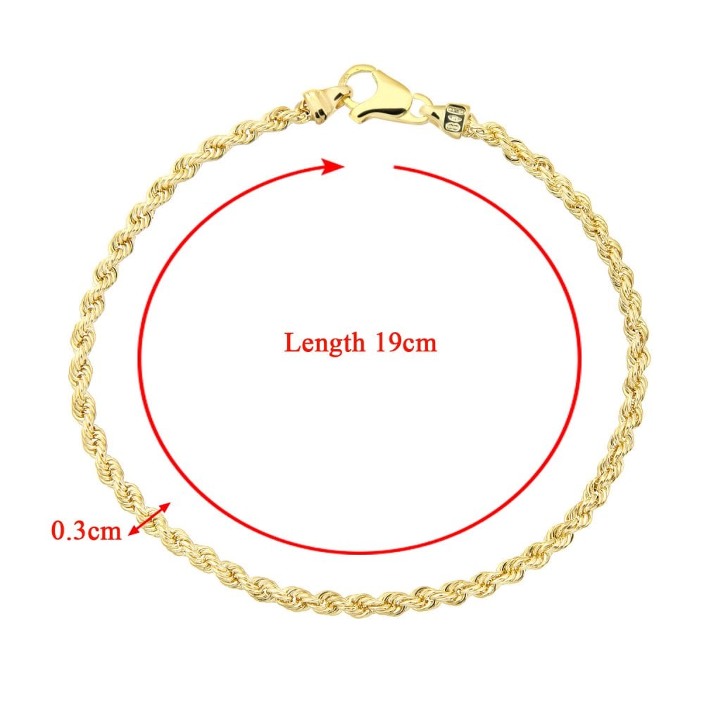 SPARKLD 9 ct Yellow Gold Fine Rope Bracelet of 7.5 Inch/19 cm Length, 3mm Width