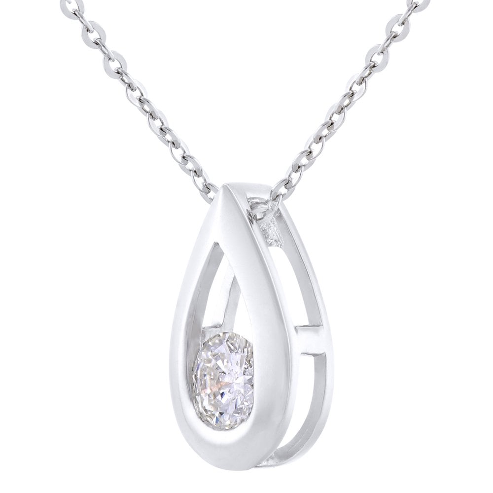 SPARKLD 9ct White Gold Round Brilliant 0.15ct Diamond Teardrop Pendant on Chain of Length 46 cm