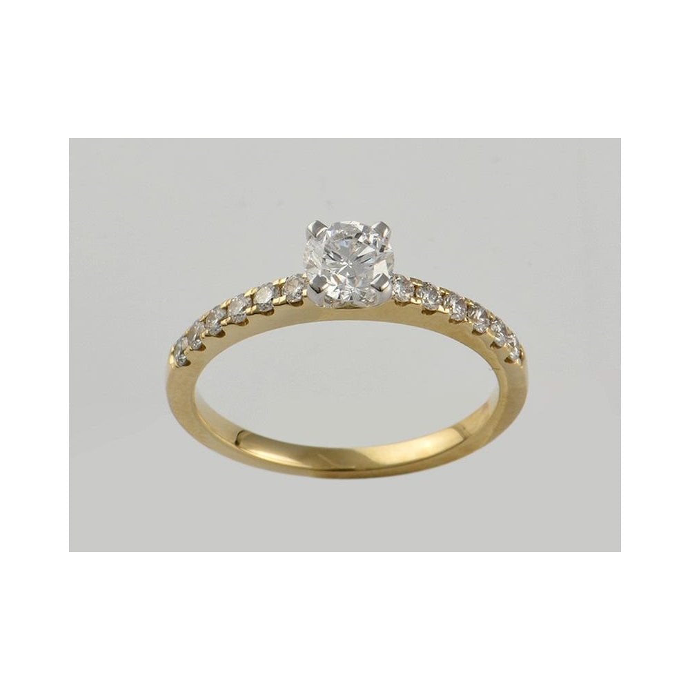 9ct Yellow And White Gold Artisan Diamond Solitaire Ring With Diamond Set Shoulders 0.76ct